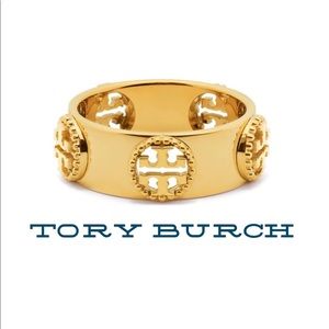 Tory Burch Milgrain Logo Ring Gold Size 8